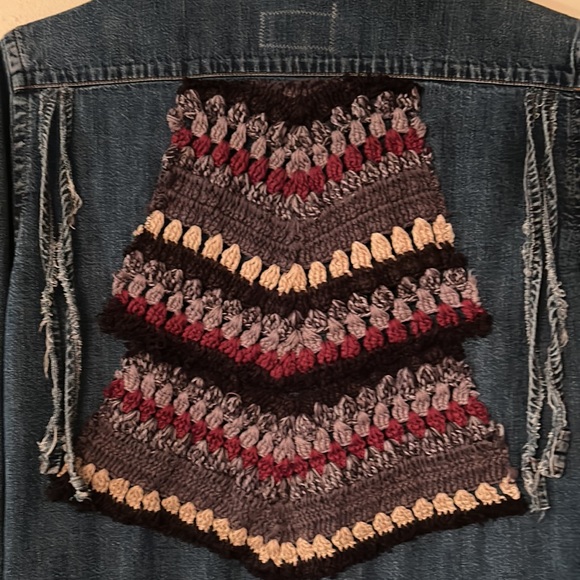 Handmade upcycled boho fringe and crochet patched tattered denim duster jacket - Picture 10 of 17